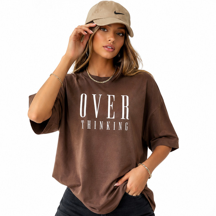 Camiseta Feminina Oversized 100% Algodão Over Thinking Streetwear Estilo Largo Casual