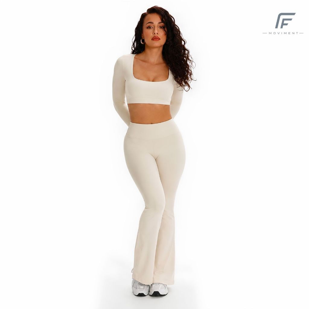 Conjunto de Academia Feminino Zero Transparência Poliamida Flare legging Manga Longa Empina Bumbum Alta Compressão