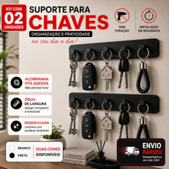 Kit Suporte Porta Chaves Parede 5 Ganchos Adesivo Sem Furar Organizador Casa Sala Escritório Garagem