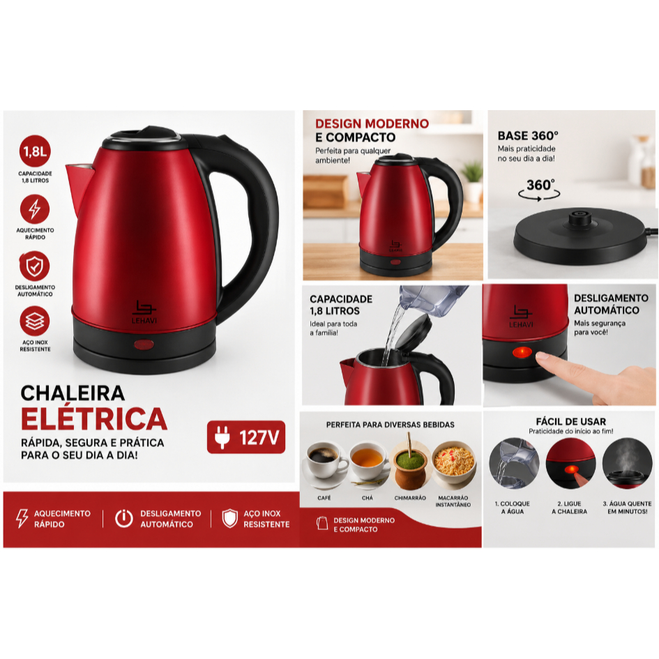 Chaleira Elétrica Inox 1,8L 127V ou 220V Vermelha Aquecimento Rápido Desligamento Automático