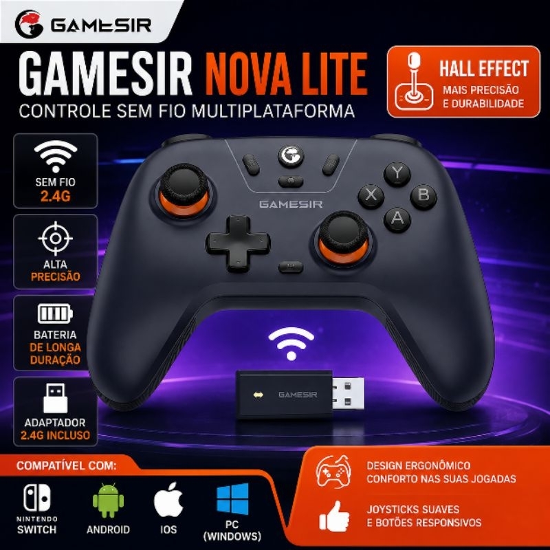 Controle sem fio GameSir T4 Nova Lite Hall Effect de Jogo para Switch, Android, iOS, PC Joysticks
