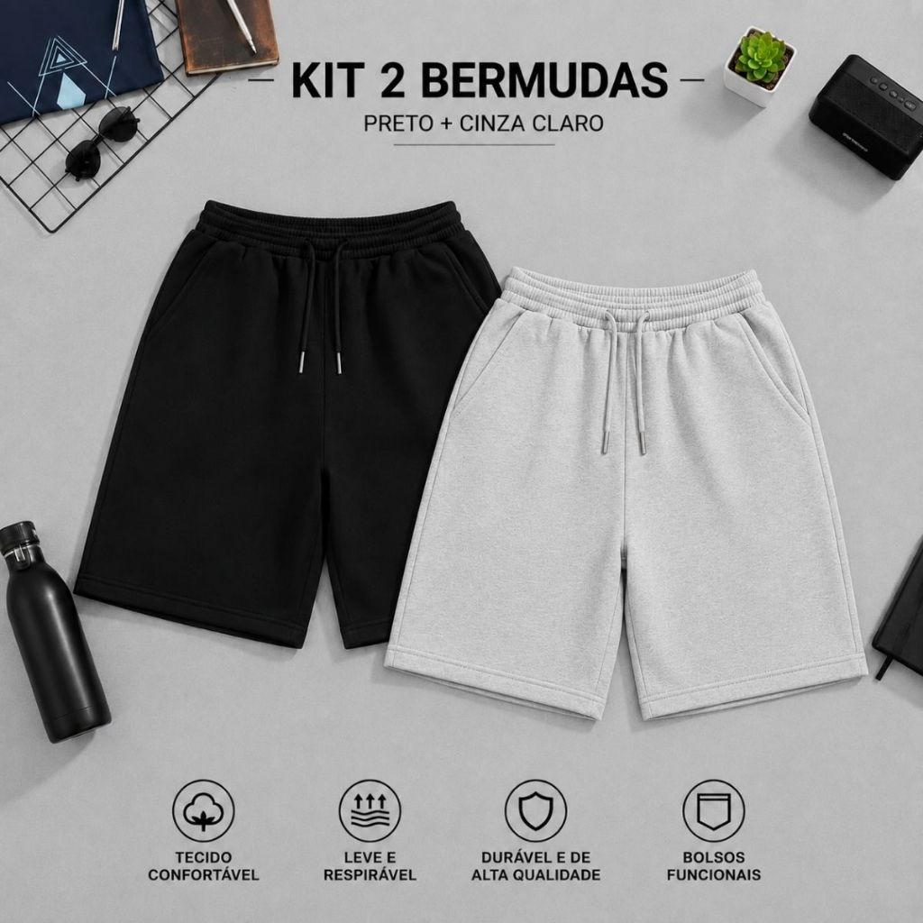 kit 2 bermuda shorts moletom masculino academia com cordão mauricinho shorts praia do P ao GG casual