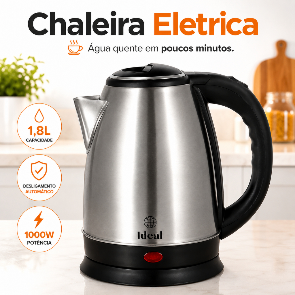 Chaleira Elétrica Inox 1,8L 1000W 127V Desligamento Automático Aquecimento Rápido Base Removível
