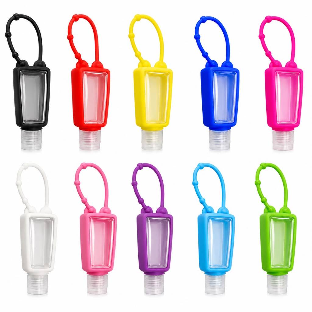 Frasco Porta-Álcool em gel 30 ml de silicone com chaveiro, recarregável!!