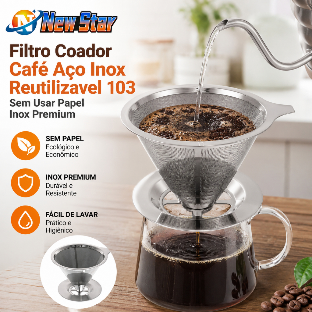Filtro Coador Café Aço Inox Reutilizavel 103 Sem Usar Papel Inox Premium Durável Fácil De Lavar