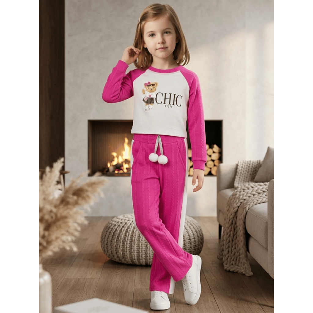 Conjunto Infantil Feminino Camiseta Manga Longa e Calça Listrada Casual Inverno Chic