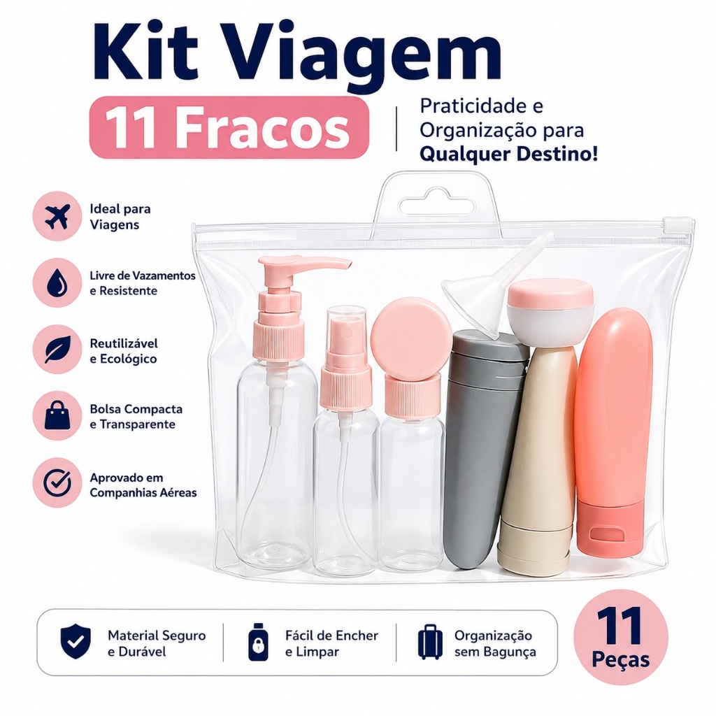 Kit Frascos Para Viagem 11 Peças Silicone Bolsa Necessaire Shampoo Cosméticos Avião