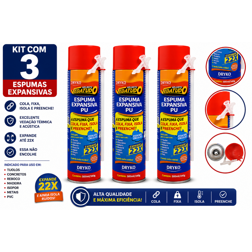 Kit 3 Espuma Expansiva Dryko 500ml Selante PU Uso Geral Madeira Portas Janelas Construção Vedação