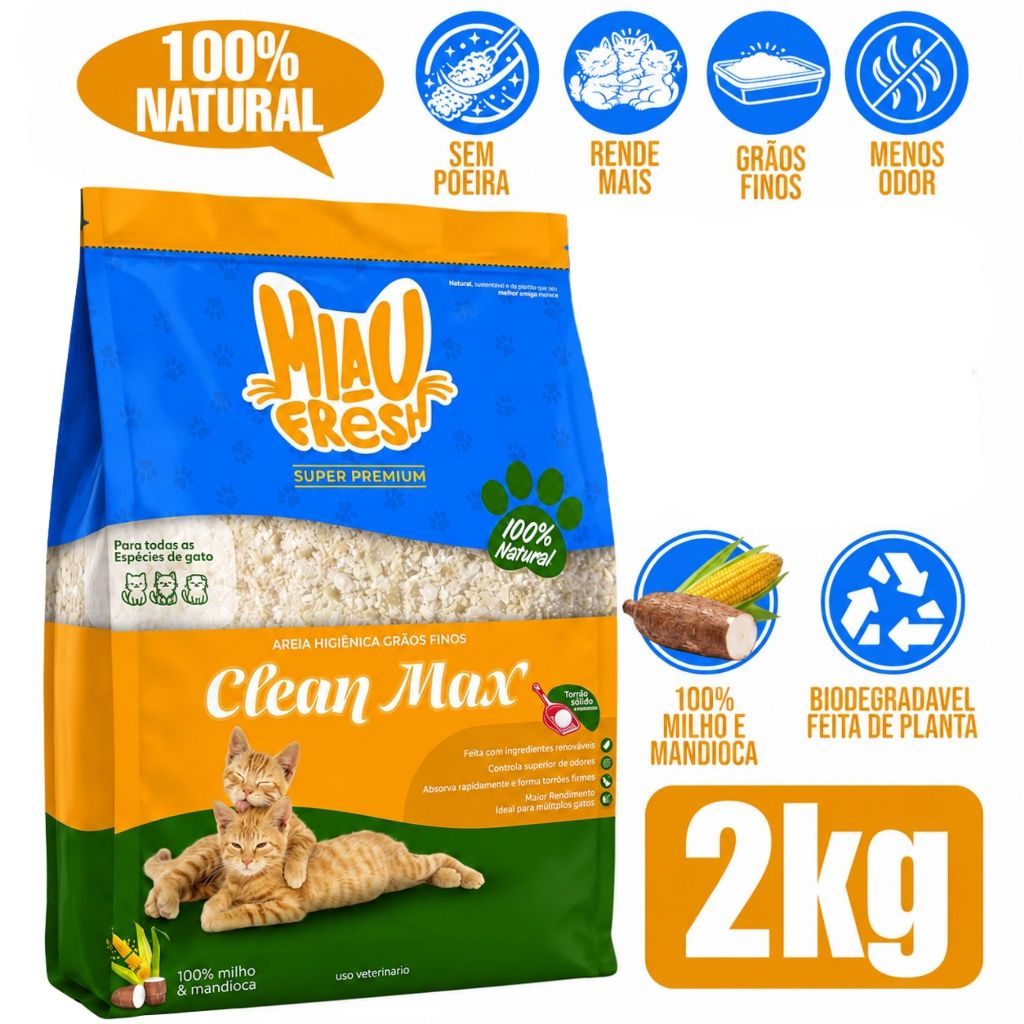 Areia Higiênica Biodegradável 2Kg Mandioca E Milho P/ Gatos Controle De Odores Torrão Rápido