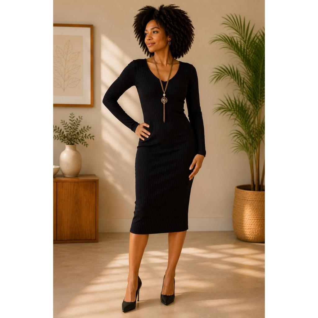 LUKABOUTIKE - Vestido Midi Canelado Manga Longa Feminino Gola U Tubinho Justo Clássico Confortável Casual Luxo.