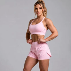 Conjunto Top e Short Duplo Fitness Feminino Academia Tecido Premium Zero Transparecia Tamanho P M G GG