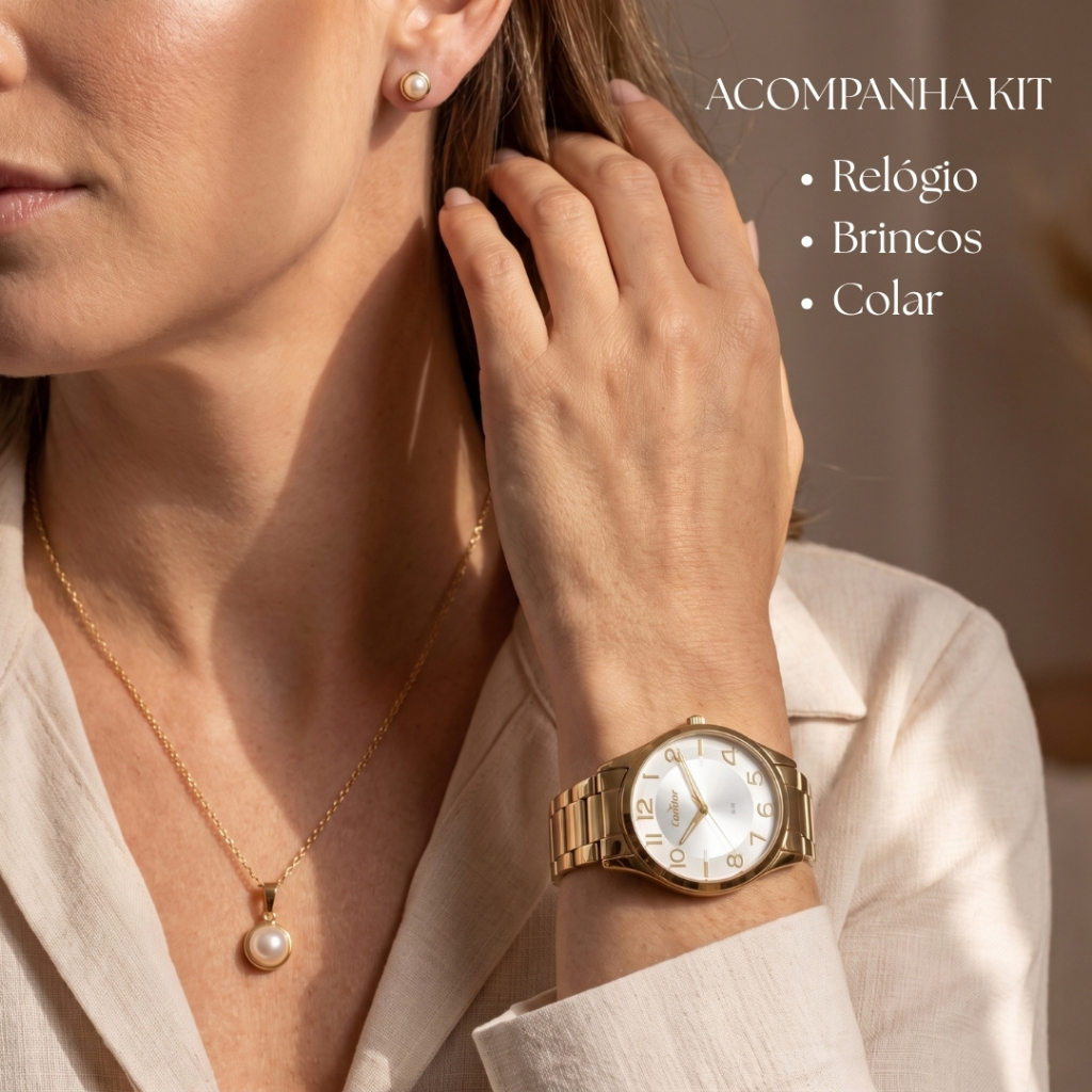Kit Relógio Condor Feminino Dourado Aço Inoxidável Com Par De Brincos e Colar Delicado Elegante Uso Diário Original