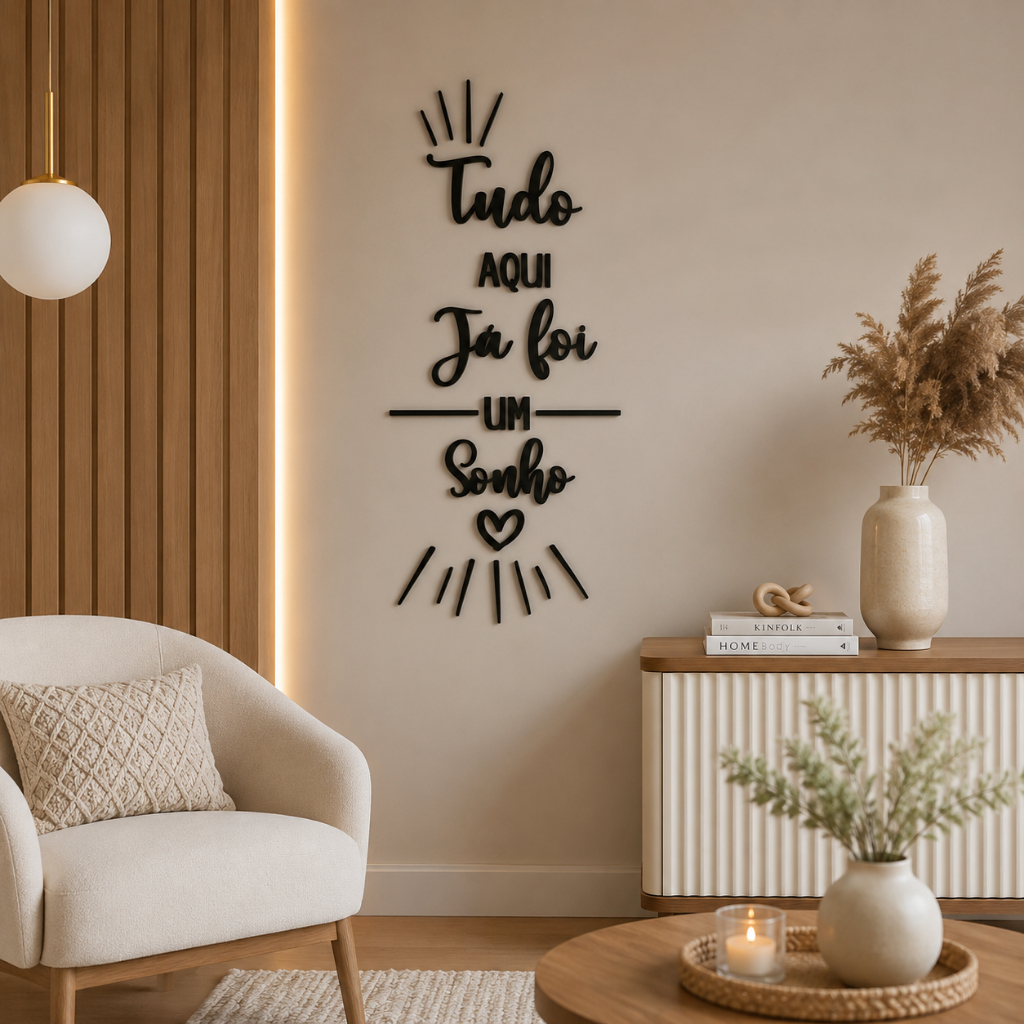 Frase decorativa mdf 3mm tudo aqui ja foi um sonho para parede - acompanha dupla face