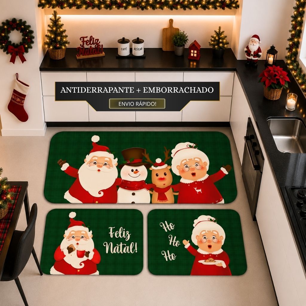 Kit com 3 Tapetes para Cozinha Decorativos Exclusivo Natalino Papai e Mamãe Noel Ho Ho Ho