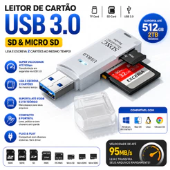 Leitor de Cartão SD Micro SD USB 3.0 Adaptador Alta Velocidade para PC Notebook SDXC SDHC TF Dual Slot 2 em 1