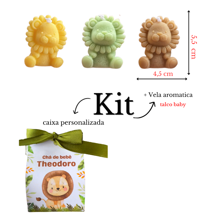 kit 30, 40 ou 50 vela leão Safari com caixa personalizada - Aniversário Chá de bebê Nascimento