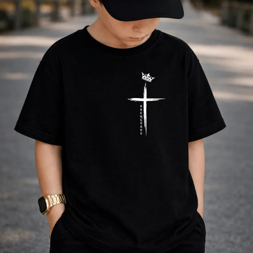 Camiseta Infantil e Juvenil 100% Algodão Premium Criança Personalizada Unissex Blusa Camisa Cruz Abençoado