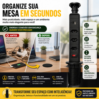 Extensão Retrátil Embutir Mesa 3 Tomadas 2 USB Torre de Tomadas Escritório Bancada UNT-ZC303BC