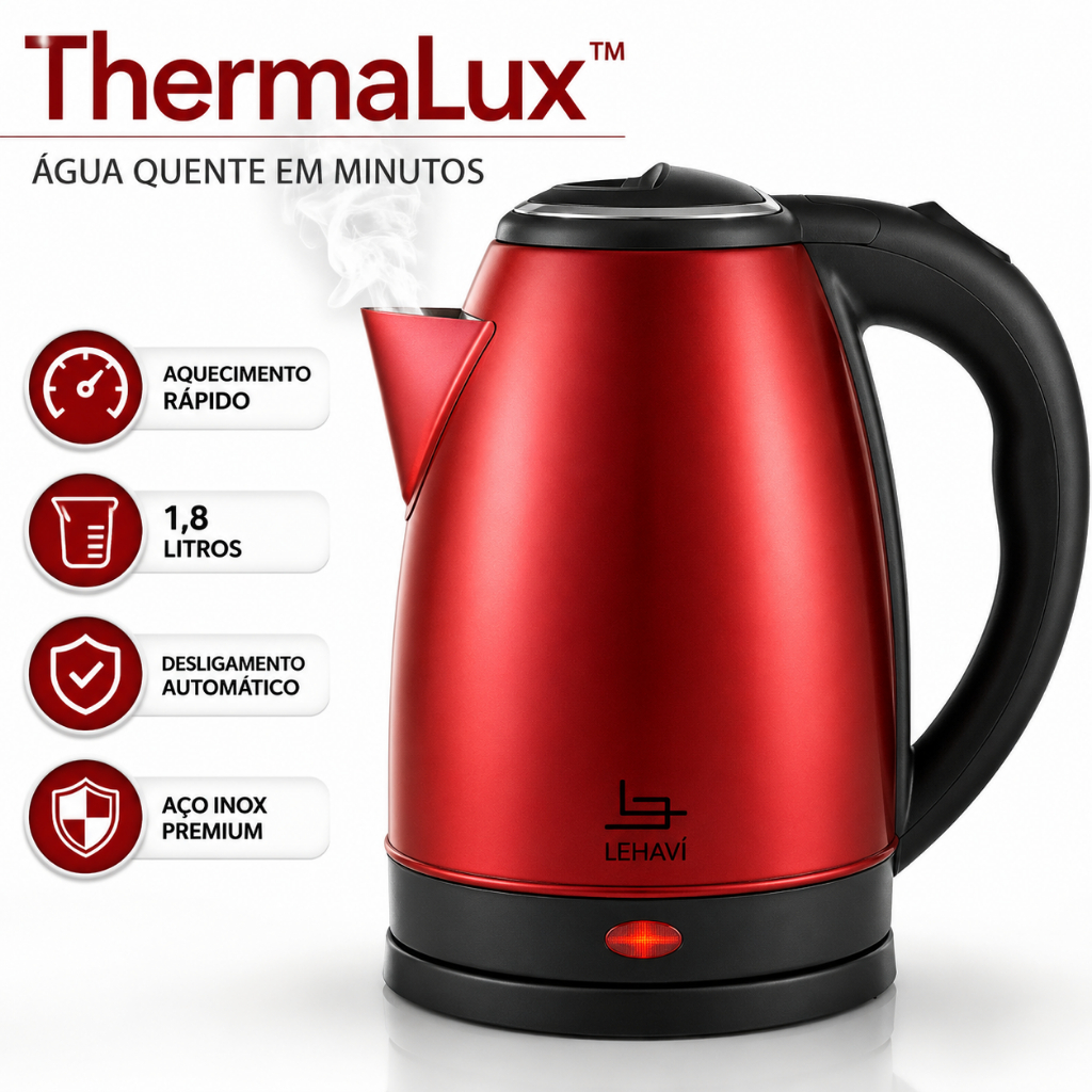 Chaleira Elétrica Inox Vermelha 1,8L 127V/220V Aquecimento Rápido Desligamento Automático