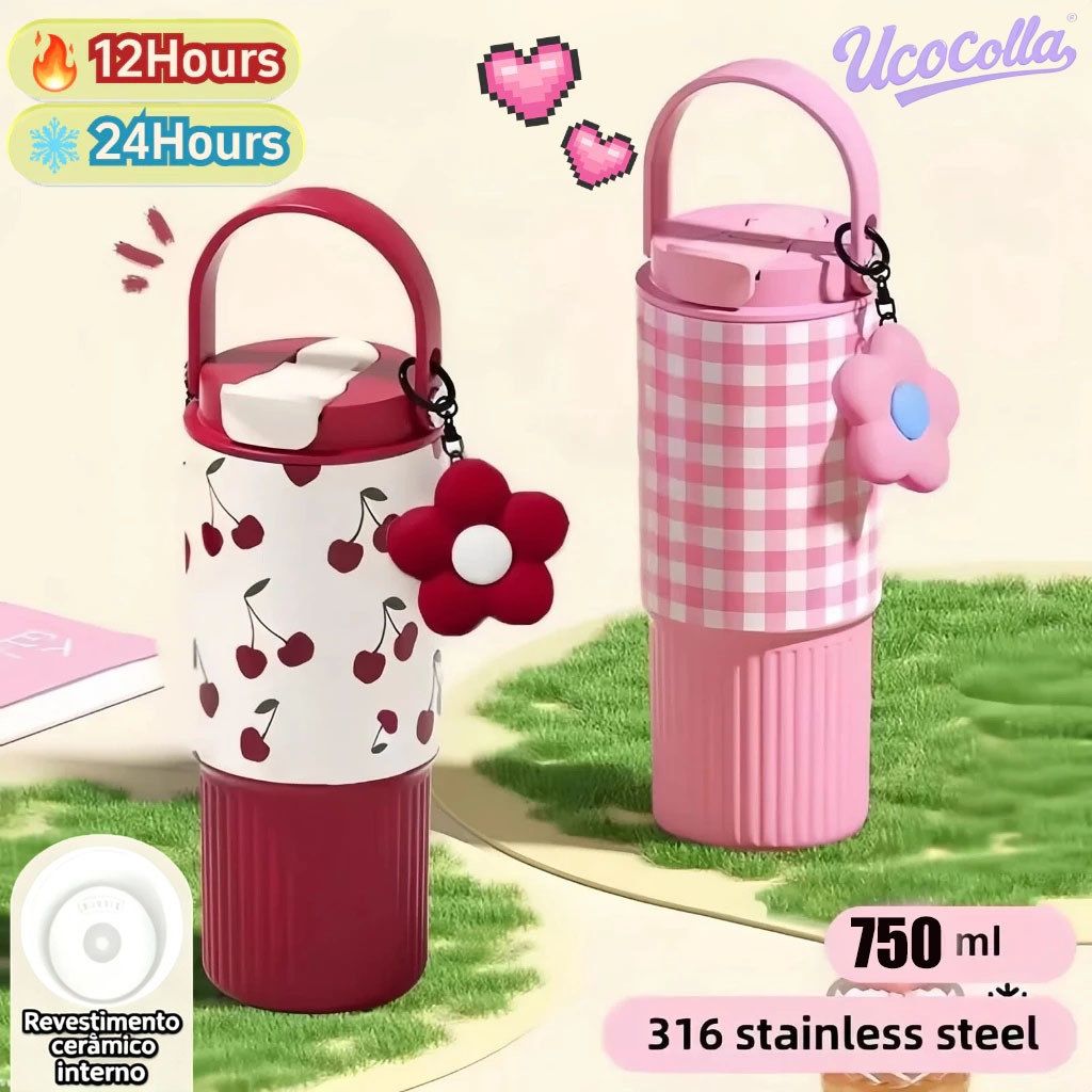 UCOCOLLA Portátil Garrafa Térmica Com Pingent 750ml Inox Alça Com Canudo Fashion Quente/Frio Monet Garden Design
