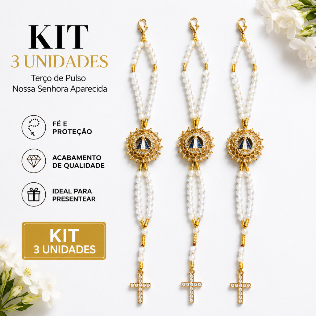 Kit 3 Terços De Pulso Nossa Senhora Aparecida Pérolas Branco Dourado Cruz Strass / Presente Religioso