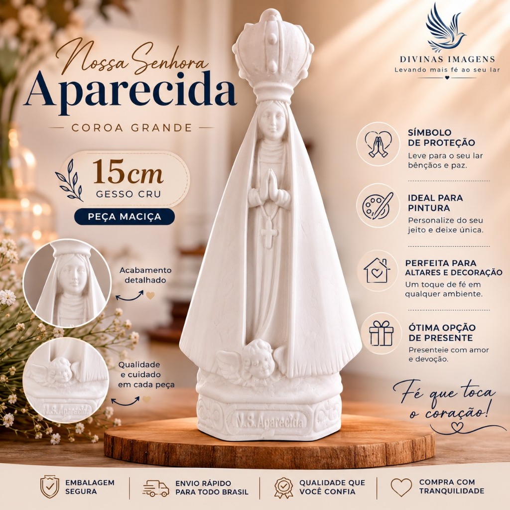 Imagem Nossa Senhora Aparecida Coroa Grande 15cm Gesso Cru Retocado Para Pintura Personalizada