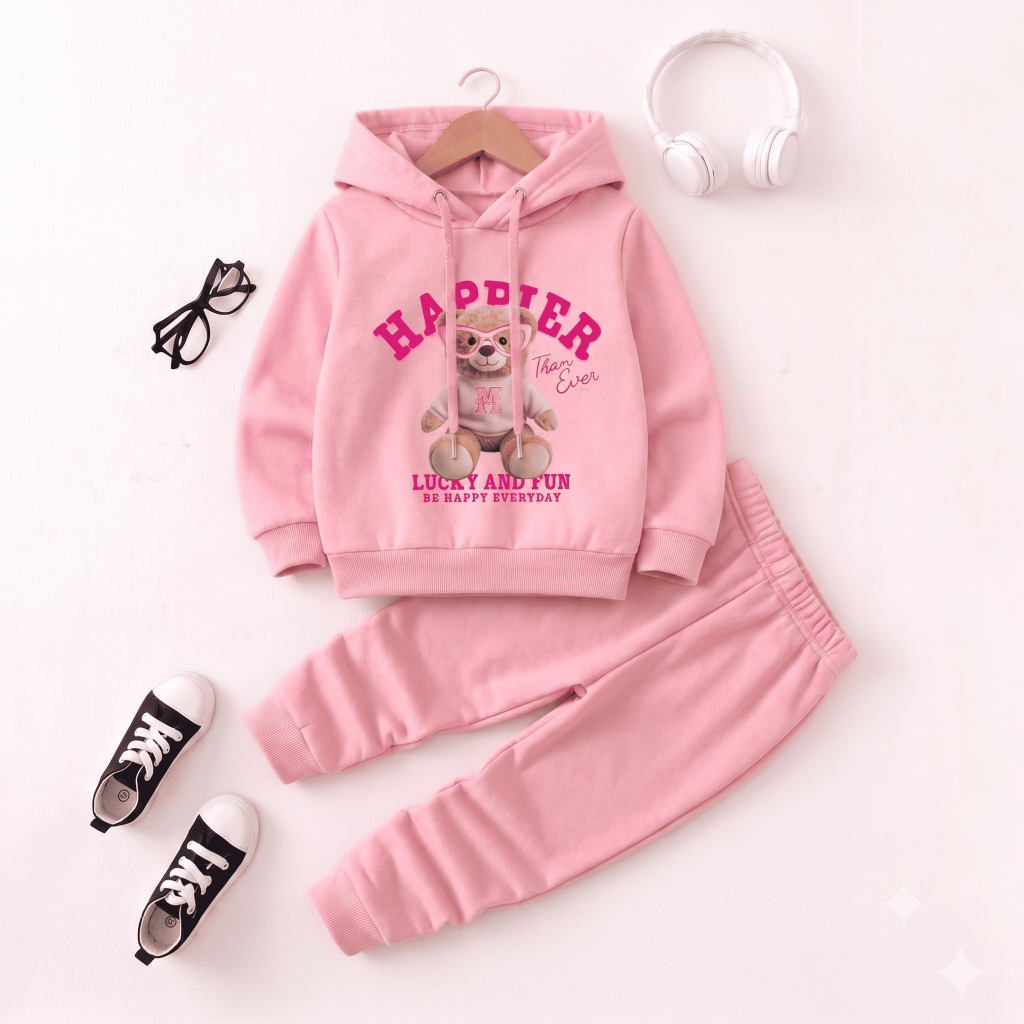 Conjunto Moletom Infantil Estampado Happier Canguru Algodão Com Capuz Casual Confortável