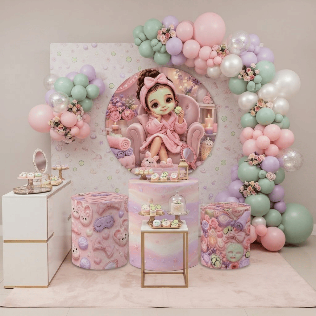 Capa Painel Redondo Trio Cilindro Dia de Spa Decoração Aniversário Infantil Lançamento Oferta