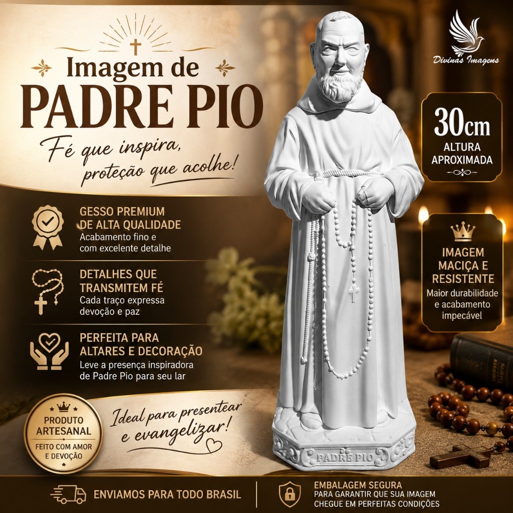 São Padre Pio Imagem 30cm Gesso Cru Retocado Premium Para Pintura Artesanato Religioso