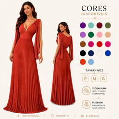 Vestido Madrinha de Casamento Formatura e Festas Longo Plissado Decote V