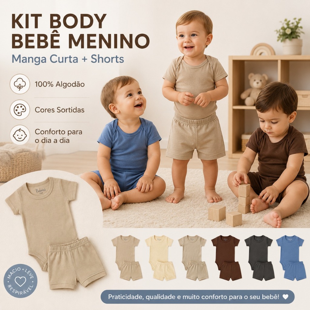 Kit Body Bebê Menino Manga Curta e Shorts Ribana Algodão Cores Sortidas P ao 3 Anos