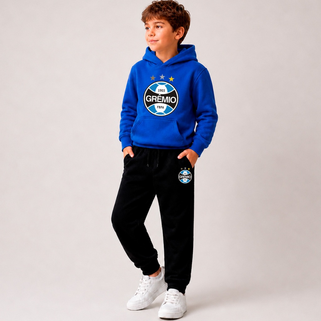 Conjunto Moletom Infantil Contendo 1 Calça e 1 Blusa de Moletom Do Grêmio Time Futebol Unissex Menino Menina