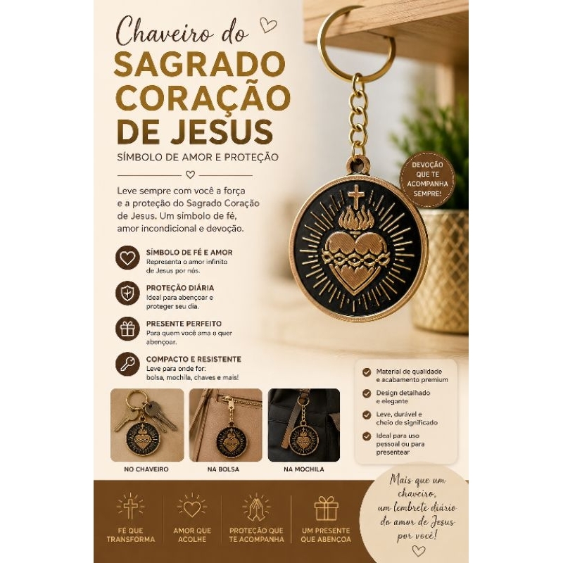 Chaveiro Sagrado Coração de Jesus | Lembrança Católica em Impressão 3D | Presente Religioso