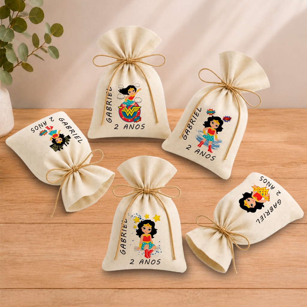 Kit 20 Saquinhos Lembrancinha Personalizada Festa Infantil Aniversário Mulher Maravilha Cute 11x17