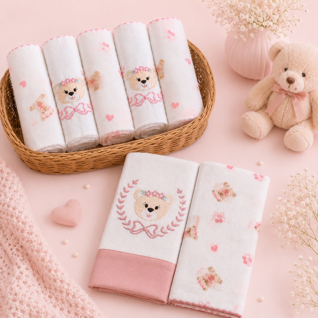 Kit 7 Peças Luxo Ursinha Baby Enxoval Delicado Bebê Menina Combo Estampado 5 Fralda +2 Toalha