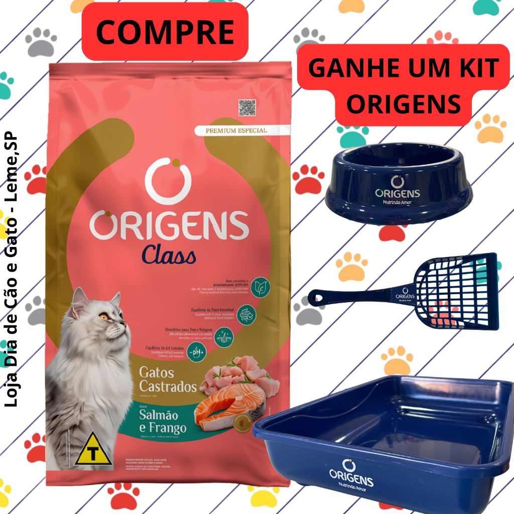 Ração 10,1kg - Origens Class para Gatos Castrados - sabor Salmão e Frango + Brinde Kit Origens