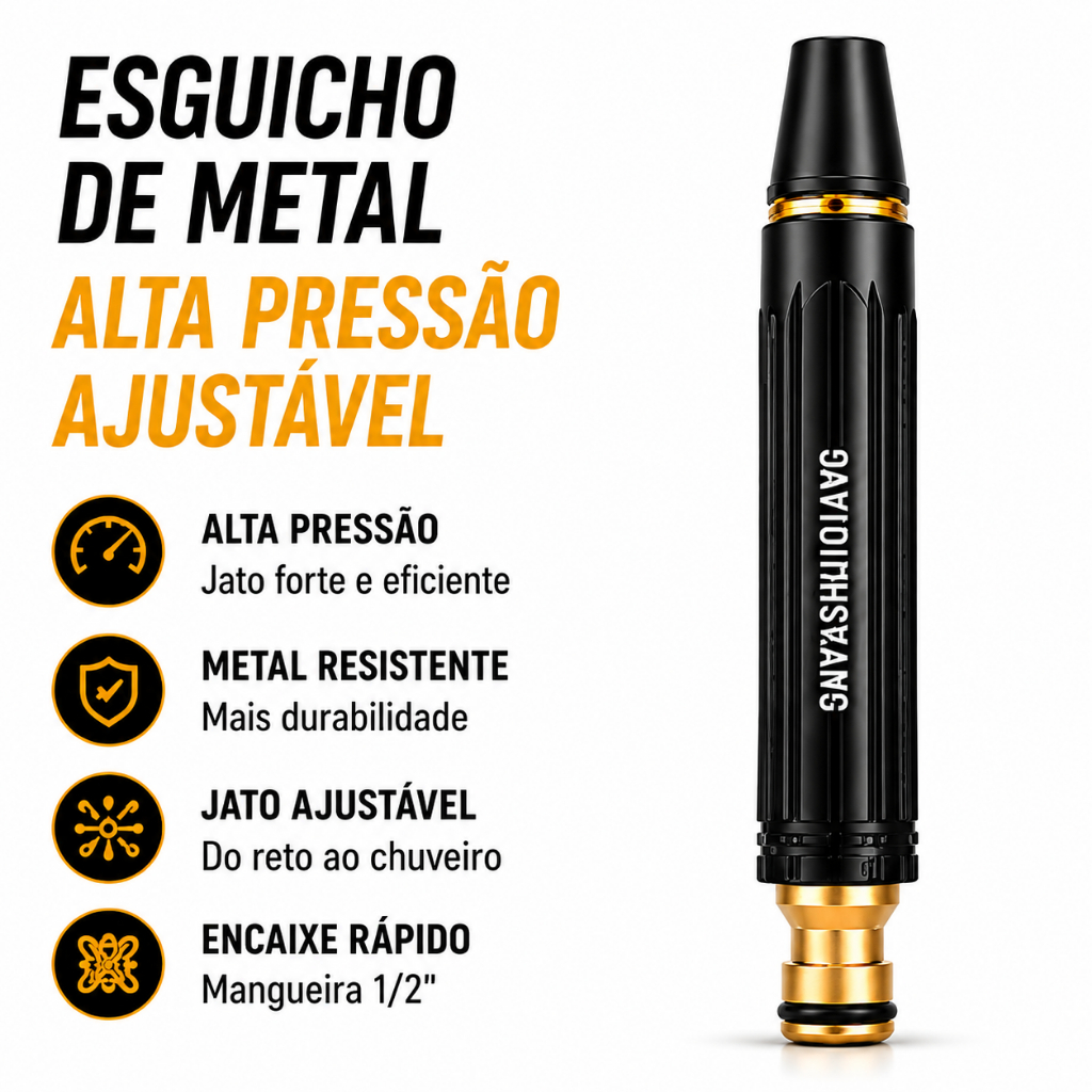 Esguicho de Metal Alta Pressão Ajustável para Mangueira 1/2" Bico Jato Forte Lava Carro Jardim Calçada
