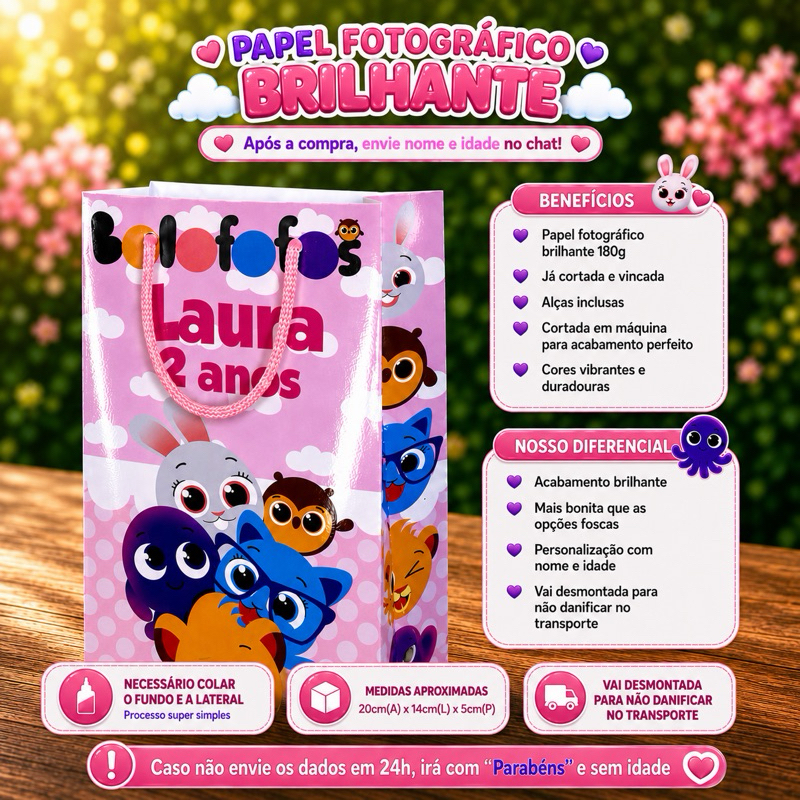 Sacolinhas Personalizadas para Lembrancinhas  Tema Bolofofos Rosa