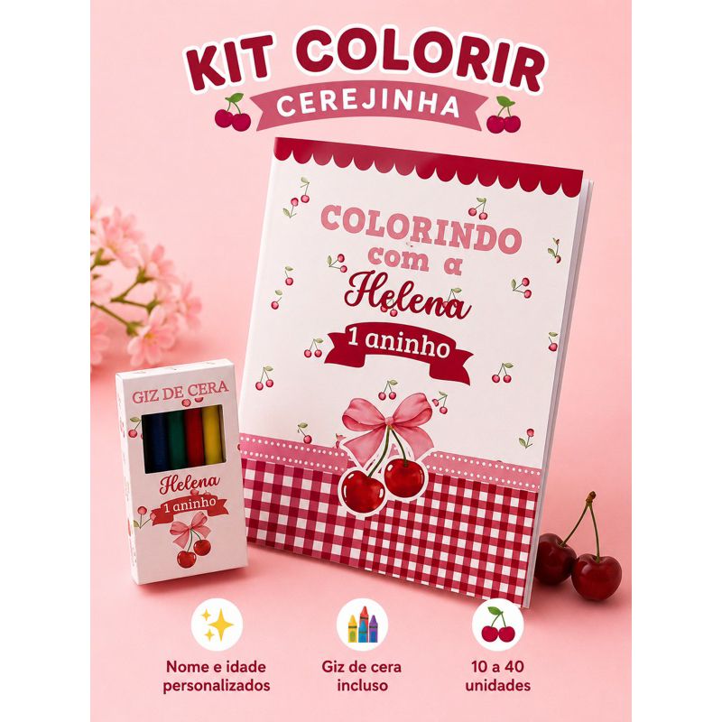 Kit Colorir Personalizado Cerejinha 10 a 40 Unidades | Livrinho + Giz de Cera | Lembrancinha Aniversário Infantil