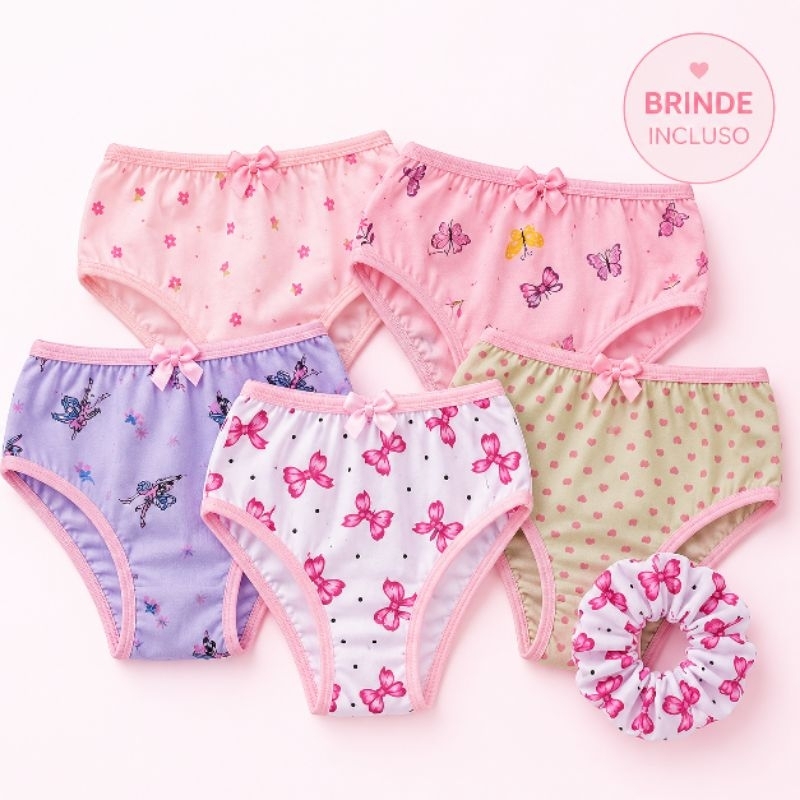 Kit Calcinha Infantil 100% Algodão 3, 5 ou 10 Peças + Scrunchie Brinde | Confortável e Macia