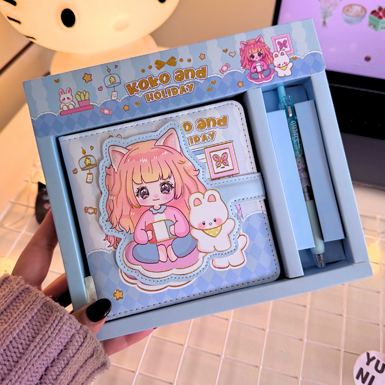 Kit Papelaria Caderno Diário koko + Caneta - Presente - Kit Papelaria Fofa - Diário Japonês