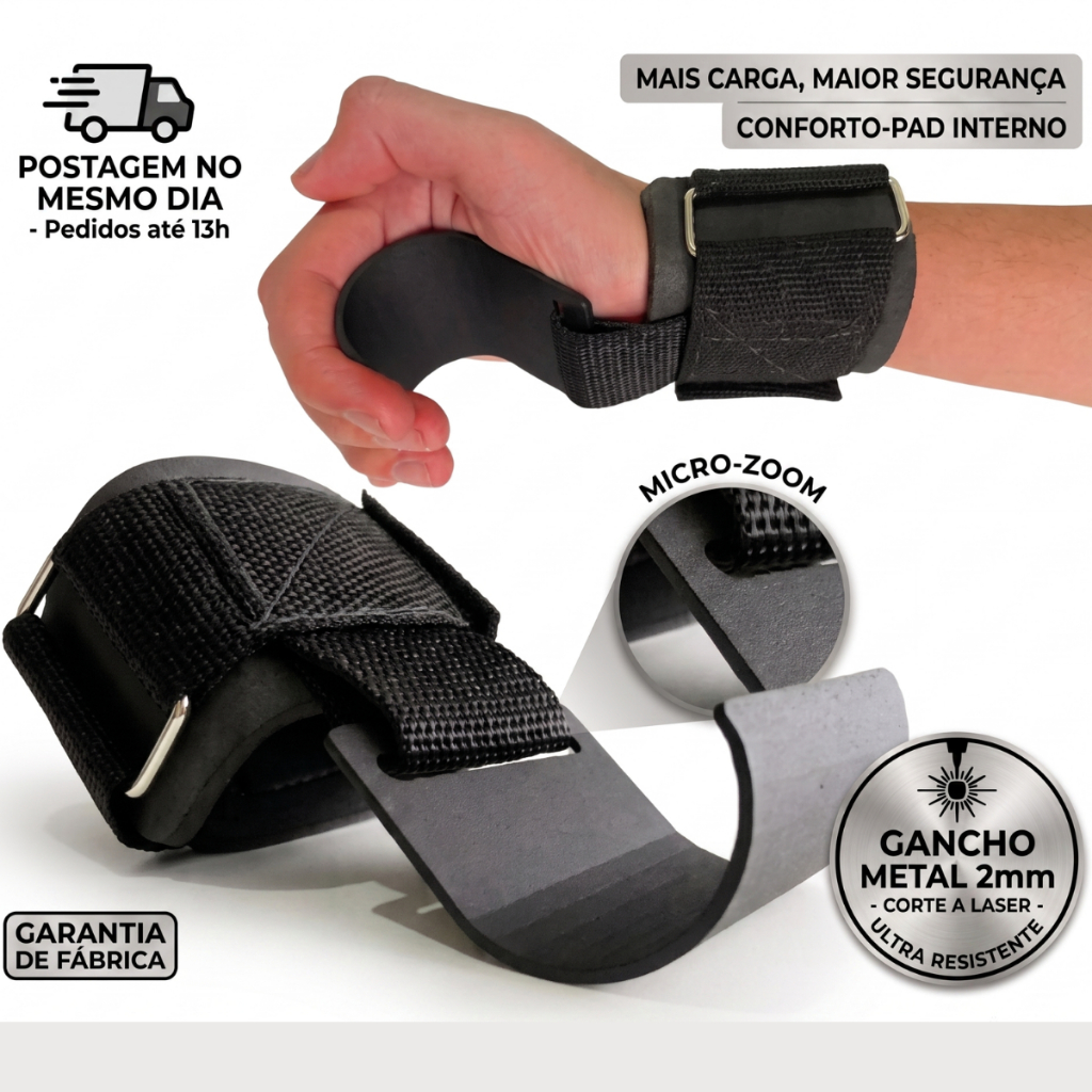 Par Strap Gancho Metal Academia Musculação Treino Costas Preto Munhequeira Ajustavel
