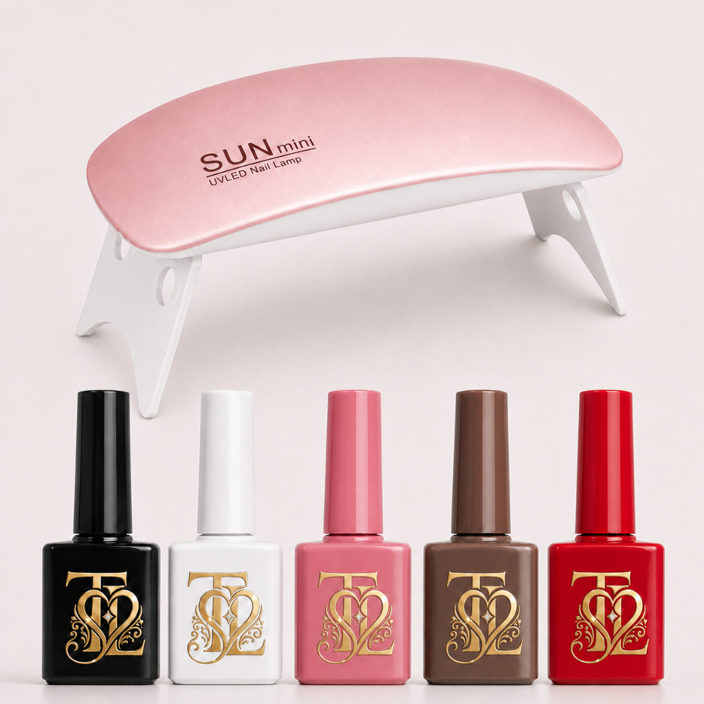Kit Unhas em Gel 5 Esmaltes Cores Sortidas + Mini Cabine Sun LED UV 6W Portátil