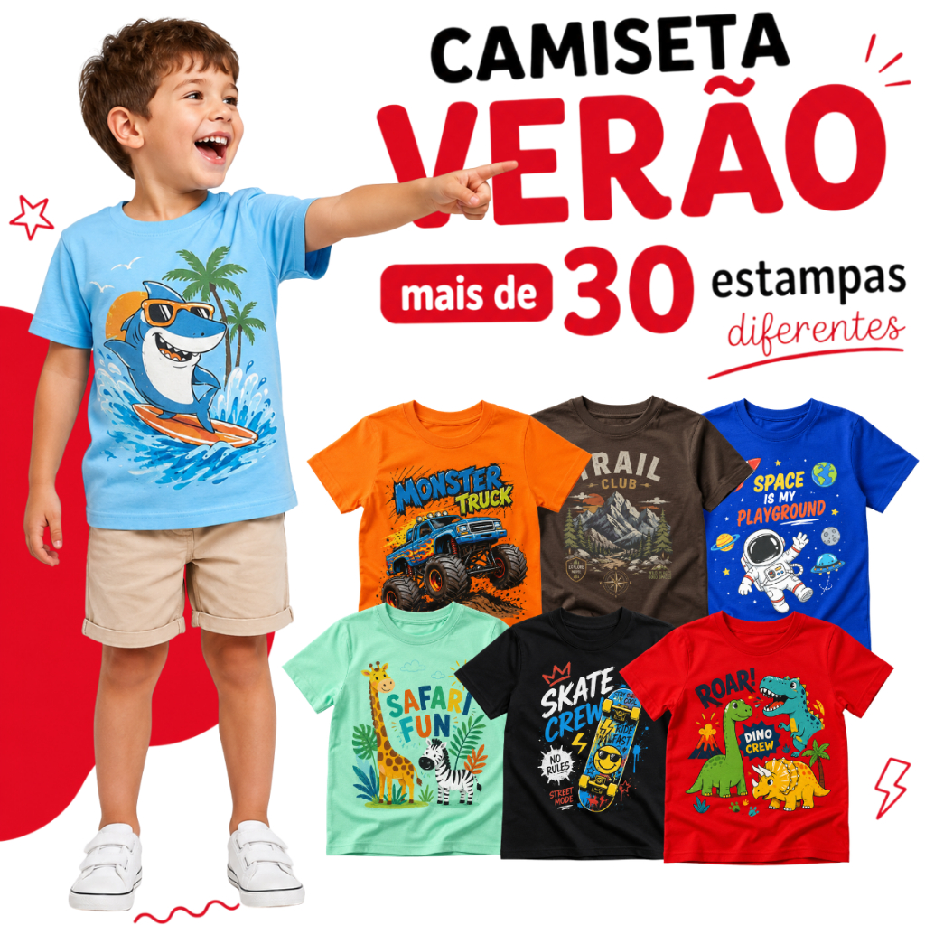 Kit 3 Camisetas Infantil Menino 100% Algodão Estampadas Sortidas Verão Dia a Dia Tamanhos 1 ao 8