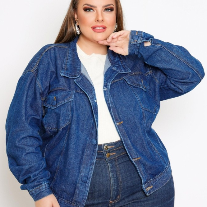 Jaqueta Jeans Feminina plus size Botão Encapado Tendência Da Moda Novo