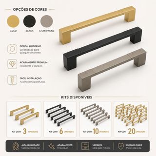 Puxador 128mm Design Minimalista Premium Armário Gaveta Cozinha Guarda-Roupa Gold Dourado Black Preto Champagne