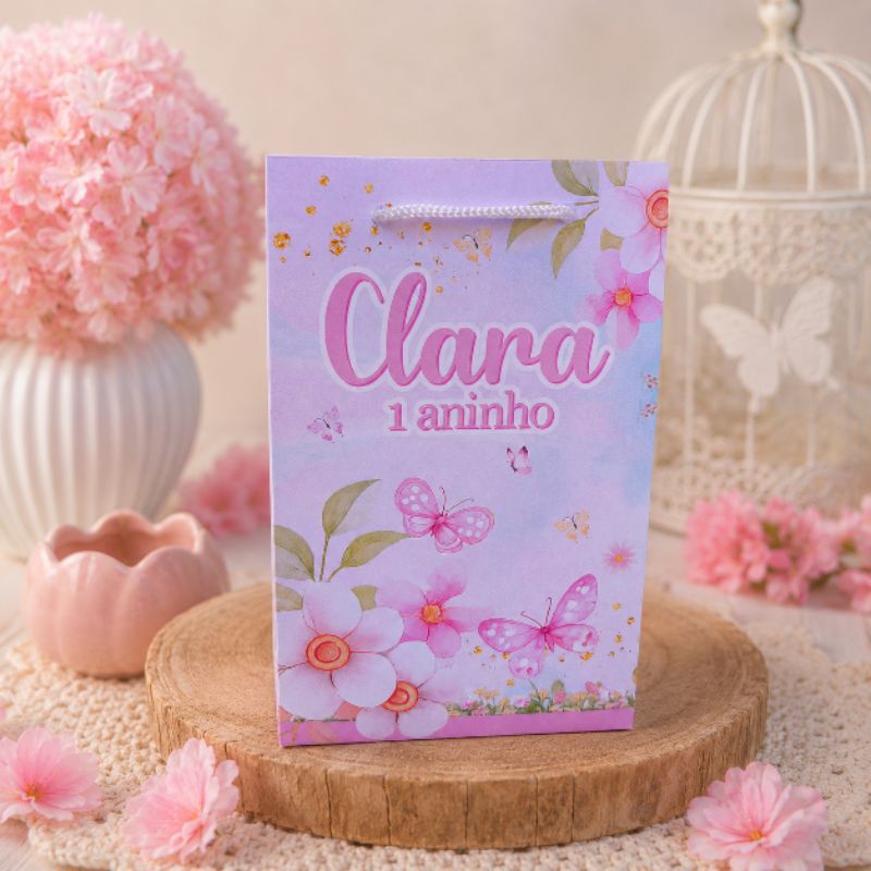 Sacolinha Personalizada Tema Jardim das Borboletas Encantado Lembrancinha para Festa de Aniversário - Sacolas