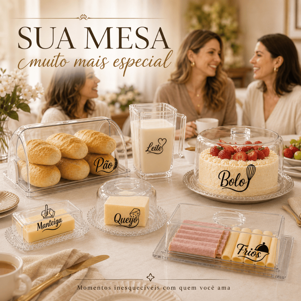 KITs Café da Manhã Mesa Personalizado Porta Pão, Boleira, Queijeira, Manteigueira, Leiteira, Frios