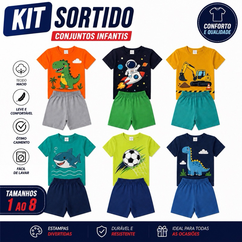 Kit 10 Peças sortidas infantil menino criança  – 5 Camisetas + 5 Bermudas | Tamanhos 1 ao 8