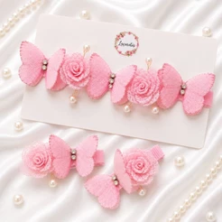 Kit Jardim Encantado Faixinha Slim + Par de Laços Borboleta e Flor Tecido Pérolas Strass Várias Cores